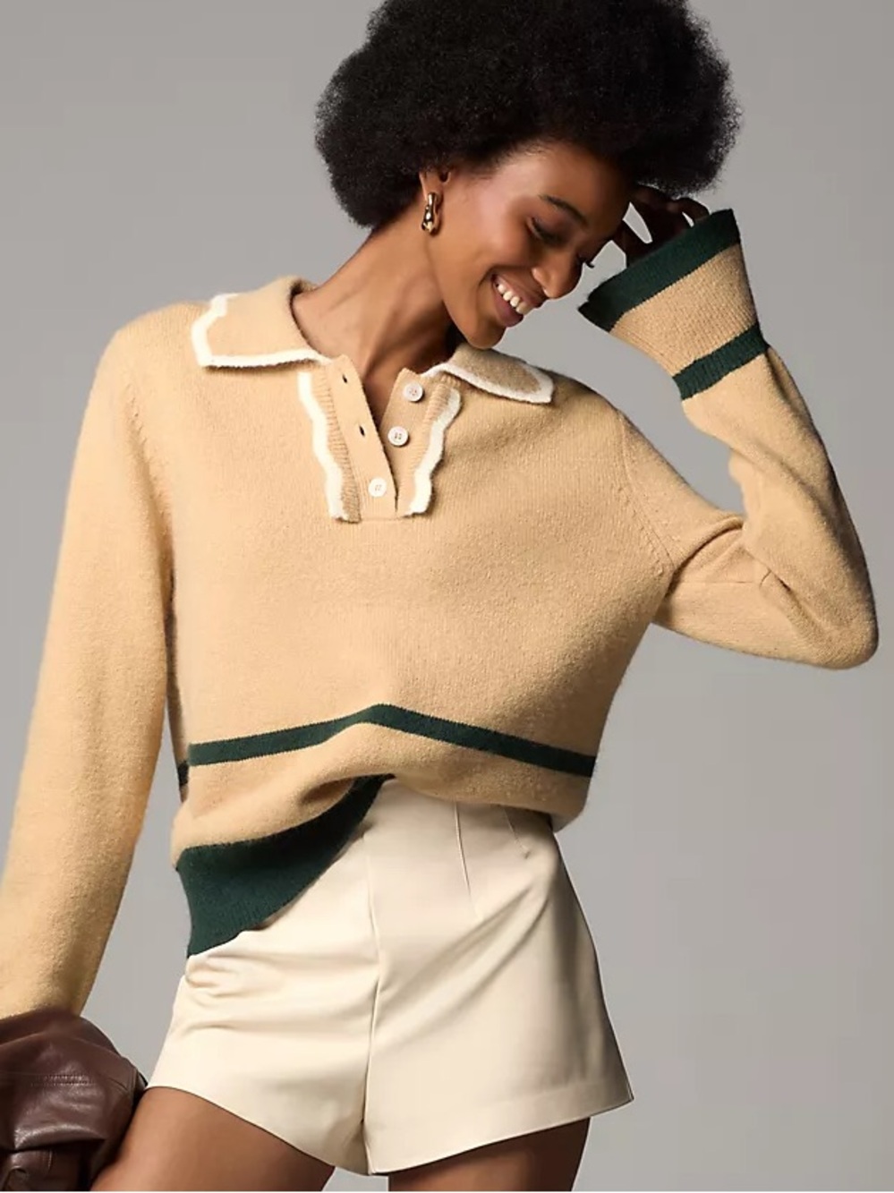 Maeve Beige and Dark Green Cropped Polo Sweater